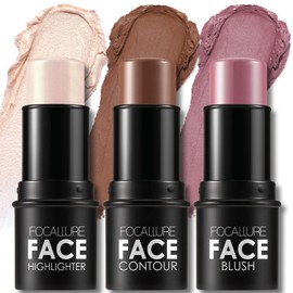 FOCALLURE 3 Pcs Crema Contorno Sticks, Sombras Con Resaltador y Bronceador y Rubor, Pluma de Contorno Facial No Grasienta de Larga Duración, Fácil de 