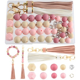 NEBURORA Silicone Beads for Keychain Making Kit, Cream Brown Pink Beads with Leather Tassels Round Beads for Bracelets Crafts Beadable Pens Decorations Jewelry Making
