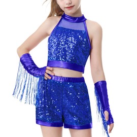 LOLANTA Girls Sequins Dance Costume, Kids Sparkly Gymnastics & Dance Set, Jazz, Modern, Street Dance Outfits with Tank Crop Top and Shorts(RoyalBlue, 11-12 years, 160)