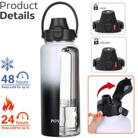 Water Bottle Insulated 32oz 40oz 64oz 128oz Straw Lid Spout Lid & 3 Lids, Leak Proof, Vacuum Insulated,Stainless Steel Water Bottle Wide Mouth for Sports, Gym or Office (Day & Night, 40 oz)