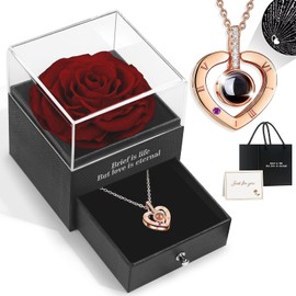 HEGUD Collar de rosa real preservada con I Love You en 100 idiomas, para ella, novia, eterna flor de rosa real regalos para mujeres, mamá, esposa en aniversarios de cumpleaños de San Valentín, Rosa