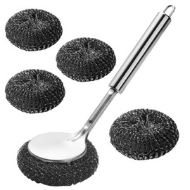 5 Pack Steel Wool Scrubber,Stainless Steel Wool Dish Scouring Pads with Handle and 4 Replacement Steel Scrubber Wool Pads for Cleaning Cast Iron, Dishes, Kitchen Pots, Pans, Grills, Stoves, Sink