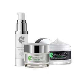 Leaves of Youth Kit Cremas Hidratantes Faciales Antiarrugas. Crema de Día, Crema de Noche y Crema Contorno de Ojos Antí-líneas de Expresión. Humectantes con FPS + Ácido Hialurónico + Retinol + Moringa. Cremas Faciales 50 grs, Crema Contorno de Ojos 15 ml