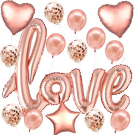 Real Rose Gold Love Balloons Confetti Kit - Rose Gold Confetti Balloons - Rose Gold Foil Heart Balloons - Rose Gold Party Decorations - Wedding, Bridal Shower Decorations, Love Ballon Kit - Pack of 21