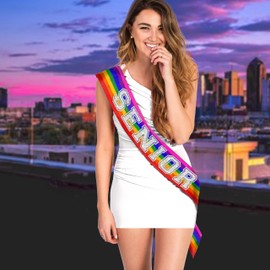 RhinestoneSash Senior Sash Rainbow - Silver Sparkle Senior Rainbow PREMIUM GRADE SATIN Sash - Gay Pride Graduation Gift - Rainbow Sash(Senior)