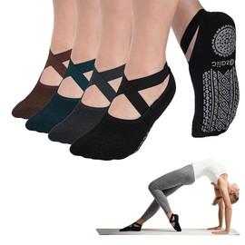 Ozaiic Pilates Socks for Women Non Slip Grip, Yoga Socks with Grippers for Barre, Hospital, Ballet, Dance, Barefoot Workout (4 Pairs-Coffee/Green/Black/Gray, one_size)