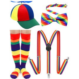 Jiuguva 4 Pcs Propeller Hat Rainbow Clown Hat Y Back Style Suspenders Bow Tie Striped Socks Set for Adult (Green Hat Brim,Stylish)
