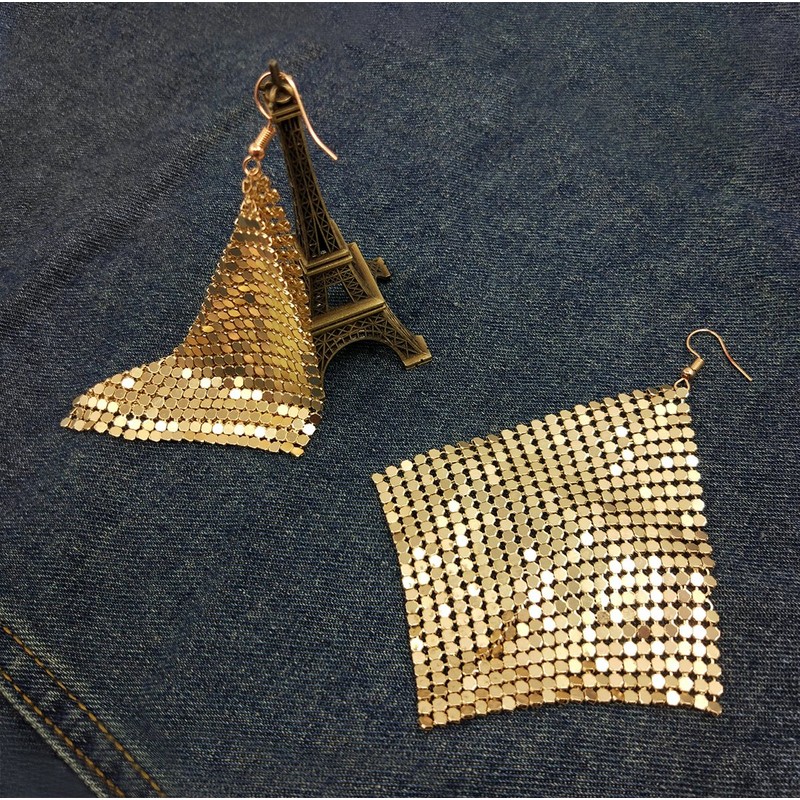 Suyi Trendy Women Earrings Metal Mesh Grid Sequins Tassel Long