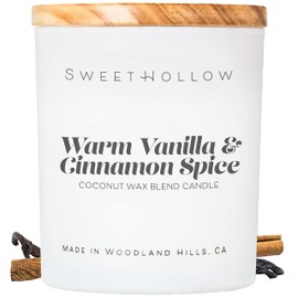 SweetHollow Vanilla Cinnamon Fragrance Candle in White Glass Jar with Wood Lid | Highly Scented & Long Lasting Coconut Wax Luxury Candle for Home and Gifts | Aromatherapy & Relaxation | Large 6.8 oz.