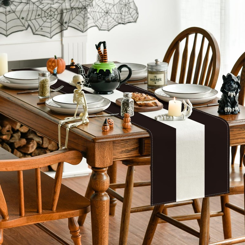 Beige and Black Stripes Table Runner, Halloween Party Kitchen Dining