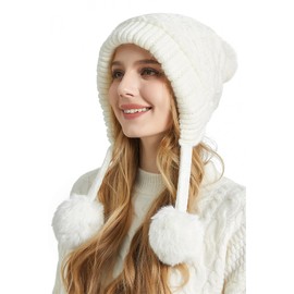 KEOYA Women’s Knit Warm Plush Hat with Earflap Winter Faux Fur Caps Solid Stretchy Beanie with Pompom Classic Thermal Hats White M