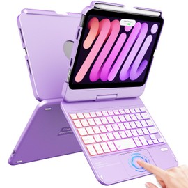 FUWANG Touchpad Keyboard Case for iPad mini 7 A17 Pro 2024 & Mini 6th Generation 2021 8.3 inch - 360° Rotate 7 Color Backlit Keyboard for iPad mini 7th 6th Generation with Pencil Holder, Purple