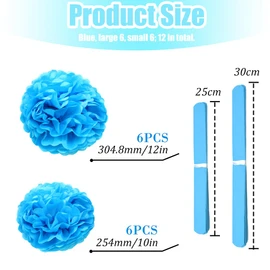 Hocansen 12Pcs Tissue Paper Pompoms 10in+12in Paper Pom Poms Flowers Fluffy Paper Flower Ball for Wall Party Hanging Decoration (RQH/Blue)