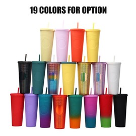 Qudai 710ML /24OZ Large Capacity Water Cup Full Studded Matte Tumbler Reusable Plastic Cup Wide Opening Leak Proof Lid Straw Transparent Pink