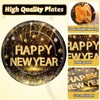 Qyeahkj 100pcs Happy New Year Black and Gold Party Tableware