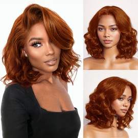 RECOOL Loose Body Bob Wig Reddish Brown Short Body Wave Human Hair Wig For Black Women 5x6 HD Glueless Lace Front Wigs Pre Plucked with Baby Hair Bleached Knots #33 Orange Brown Wigs 12inch