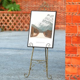 YiLifebes Vintage Metal Free Standing Adjustable Display Stand Easel with Chain Support, Extra Large Scroll Floor Standing Easel for Display Mirror Wedding Welcome Signs Picture Frame
