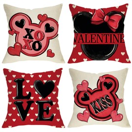 Fjfz Valentines Day Decorative Throw Pillow Covers 18 x 18 Set of 4, Red Love Hearts Kiss Porch Outdoor Home Decor, Anniversary Wedding Couch Cushion Case