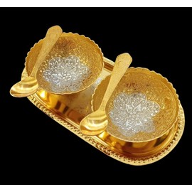 NOBILITY Bowl Spoon Tray Set Gold and Silver Plated with Red Velvet Box Dessert Dry Fruit Serving Sets Friends Family Home Decorative Corporate Gifts Wedding Return Gift Items