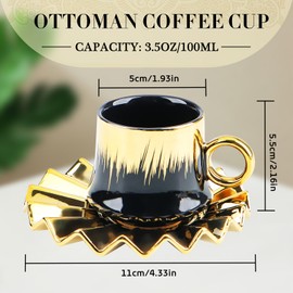 Turkish Coffee Cup Set, Elegant Teacup and Saucer Set of 6, Ceramic Tea Cups with Saucers, Espresso Cups 3.5oz, Black Gold Coffee Cup with Handle, Luxury Tea Cup Set for Cappuccino Latte Mocha