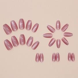 Short Press on Nails Coffin Glue on Nails Silver Glitter Acrylic Nails Light Purple Translucent Fake Nails Simpe & Glossy Acrylic Nails Cat Eye Stick on Nails for Women 24 Pcs