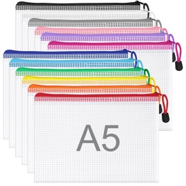 WISYOK 12pcs A5 Plastic Wallets Zip, Zip Lock Bags Mesh, Plastic Folders, Document Wallets, Zip Folders, Zipper File Bags for Office, School, Travel, Home (23.5x16.5cm, 12 Colors)