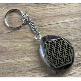 KRIO® - flacher Edelstein Scheibenstein als Schlüsselanhänger/Accessoire mit der Blume des Lebens Applikation (Tigereisen 1)