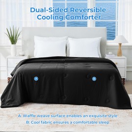 bedsmile Waffle Weave Cooling Comforter King Size, Q-Max 0.45 Reversible Cooling Blanket for Hot Sleepers, Breathable Lightweight Silk Smooth Summer Bedding, Quilted Ice Blanket, Black