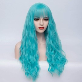 PATTNIUM Sky Blue Wig Long Curly Wig Light Blue Wig with Bangs Wavy Blue Wig Women Girls Synthetic Wig Cosplay Party Costume Wig (Sky Blue)