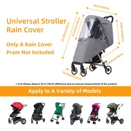 Stroller Rain Cover, Baby Travel Weather Shield Windproof and Waterproof Protect from Dust and Snow, Universal Stroller Accessory (Grey)