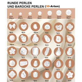 GREFIYAS Beads for bracelets, white beads set, 4/5/6/7/8/10/12 mm beads, white, 30 types of shaped beads, golden beads, jewellery making set adults, white beads for bracelets/chains