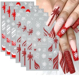 6Sheets Christmas Nail Art Stickers,French Tip Snow Nail Sticker with Christmas Hat Snowflake Gift Bow French Glitter Design 3D Self-Adhesive Nail Decals Xmas Nail Supplies New Year DIY for Women