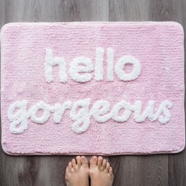 Evovee Hello Gorgeous Bath Mat Light Pink Blush Peach Coral Cute Bathroom Rugs for Girls You Look Good Beautiful Funny Shower Fun Bathroom Decor Non-Slip Washable Kids Women