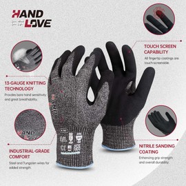 HandLove Cut Resistant Gloves, ANSI A9 Cut Proof Safety Work Gloves, Sandy Nitrile Anti-Slip, Wood Carving, Gardening, Glass Cutting, Car Repair, PFAS Free, Durable, Touchscreen, Yellow, 2Pair, XL