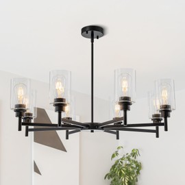 foucasal Matte Black Chandeliers for Dining Room, Farmhouse Chandeliers 8 Light Dining Room Light Fixture with Clear Glass Shades Pendant Lighting for Kitchen Island Living Room Staircase