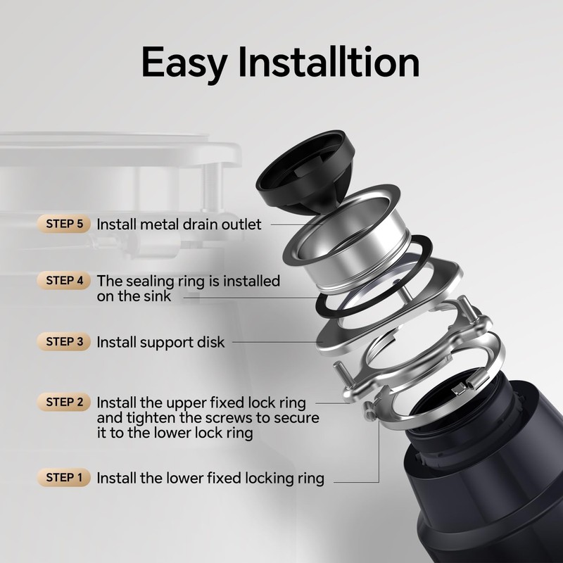 Ranein 1/2 HP Garbage Disposal with Power Cord, Quiet Stainless