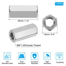 PATIKIL M8 x 1.25-Pitch 304 Stainless Steel Hex Coupling Nuts, 12Pcs 30mm/ 1.2" Length Coarse Fully Threaded Rod Coupling Nut Studding Connector Fasteners, Silver Tone