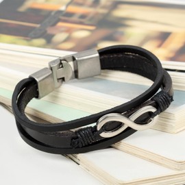 Flongo Leather Bracelet, Partner Bracelet, BFF Bracelets, Friendship Bracelet for 2, Bangle, Leather Cord Chain, Women / Men, Black, Brown, Tai Chi, Yin and Yang, Infinity, Eternity, Alloy, Infinity Black