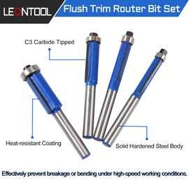 LEONTOOL 4pcs Flush Trim Router Bit Set 1/4" Shank Top Bearing Flush Trim Router Bit Milling Machine Woodworking Tools for Trimming Edging, Veneer, or Laminate