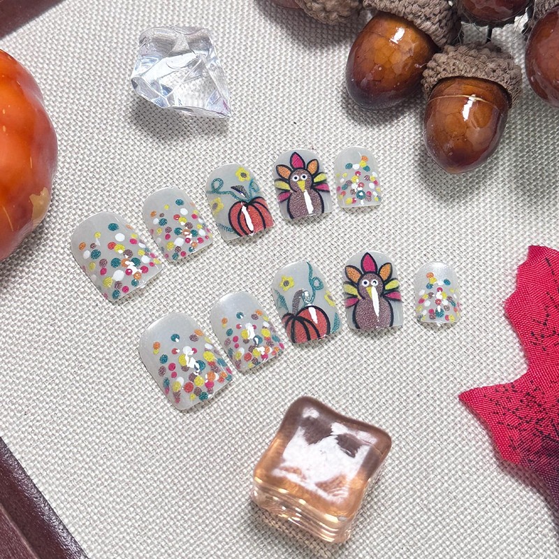 24pcs Fall Press on Nails Short Square Thanksgiving Day Fake