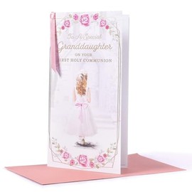 Granddaughter First Holy Communion Card - Girl Outside Church Gold Foil 8.75x4"