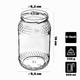 KADAX Set of 8 Preserving Jars, 900 ml, TO82 Bee, Large Preserving Jars with Screw Lid, Preserving Jars, Fermenting Jar for Cucumbers, Vegetables,