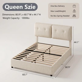 IMMERSTABLE Bed Frame Queen Size, Boucle Upholstered Bed Frame with Headboard, Removable and Washable, No Box Spring Needed, Wood Slat Support, Easy Assembly, Beige