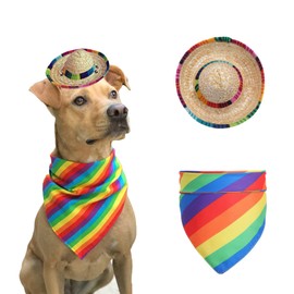AWOCAN Pet Straw Hat Funny Mexican Sombrero Cap Rainbow Scarf Party Decorations for Birthday for Small Pets, Puppy, Cat (A)