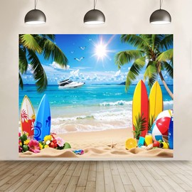 Summer Hawaiian Beach Backdrop 10x8ft Sea Ocean Seaside Surfboard Palm Tree Leaves Photography Background for Luau Aloha Hawaii Party Decoration Banner