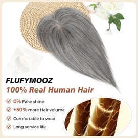 Flufymooz 100% Real Human Hair Toppers, 12 Inch Human Hair Toppers for Thinning Hair Large Hand-woven Area 360° Coverage Natural Hairpiece for Women 5"x3" Silk Base (Silver Gray With Brown Mixed)