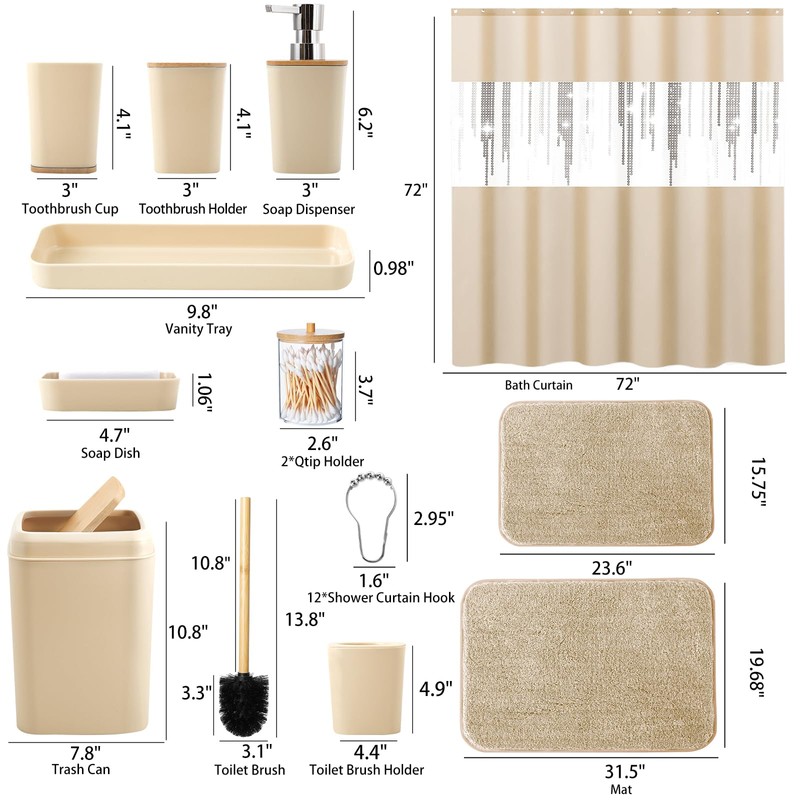 Beige Bathroom Accessories Set with Glitter Shower Curtain and Rugs,Bathroom
