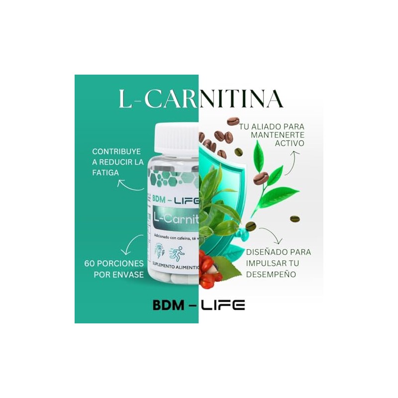 BDM-LIFE L-Carnitina con Cafeína, Té Verde y Guaraná, Energía y