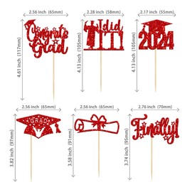24 adornos para cupcakes con temática de graduación 2024 con purpurina, para graduación 2024, con texto en inglés "I Did it Felicidades" para magdalenas, 2024, decoración de pasteles, color rojo