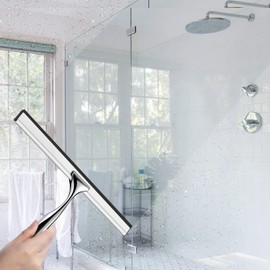 BININBOX Shower Squeegee for Shower Doors, Window, Bathroom, Mirror and Car Glass, All-Purpose Cleaning Squeegee with Powerful Suction Cup Hooks Holder – Stainless Steel, 10 Inches. (Black)